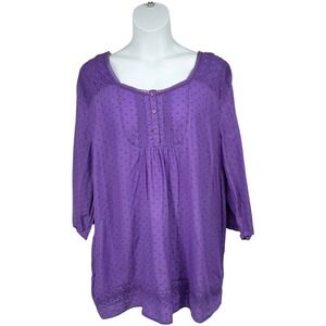 Catherines Purple Embroidered Peasant Blouse Estimated 2X Missing Size Tag